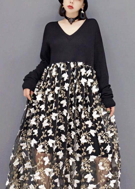 Black V Neck Print Vacation Dresses Fall Long Sleeve