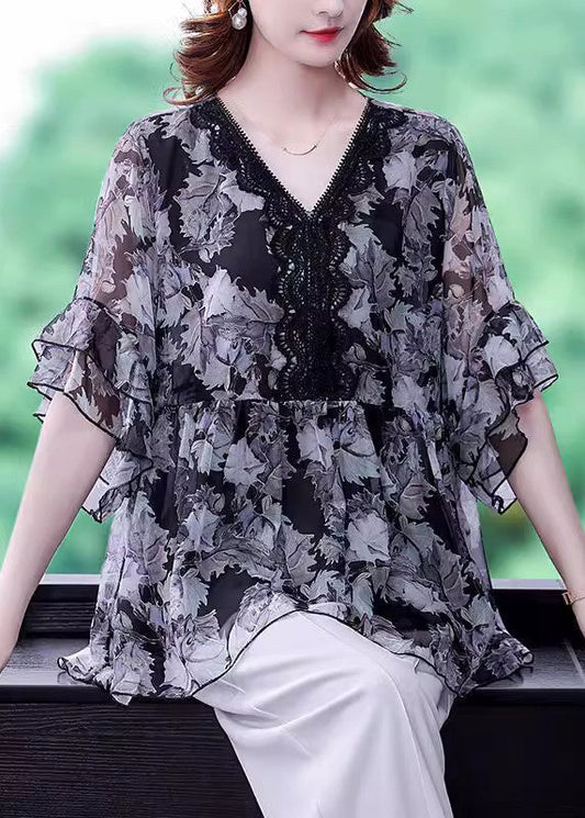 Black V Neck Ruffled Print Chiffon Shirt Half Sleeve