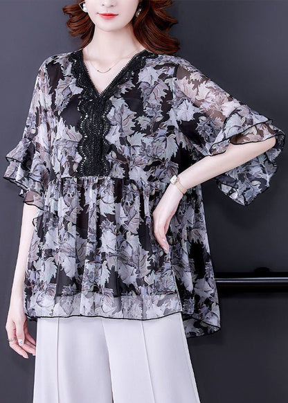 Black V Neck Ruffled Print Chiffon Shirt Half Sleeve