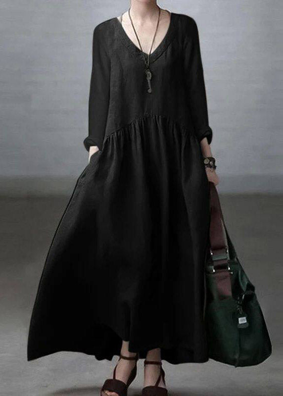 Black V Neck Long Dresses Fall
