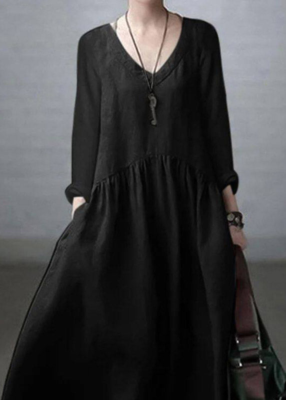 Black V Neck Long Dresses Fall