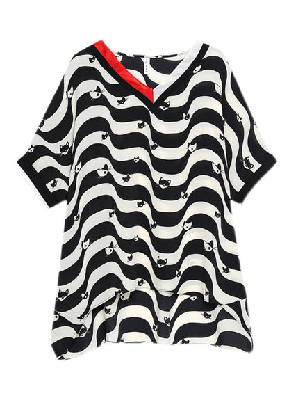 Black V Neck Striped Low High Design Chiffon Tops Half Sleeve