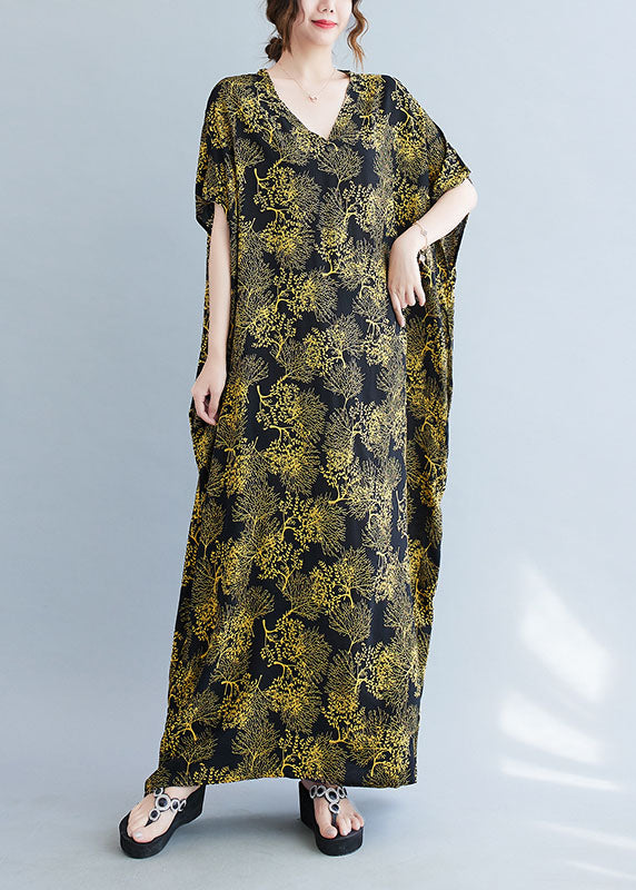Black V Neck Yellow Print Cotton Vacation Dresses Caftan Batwing Sleeve