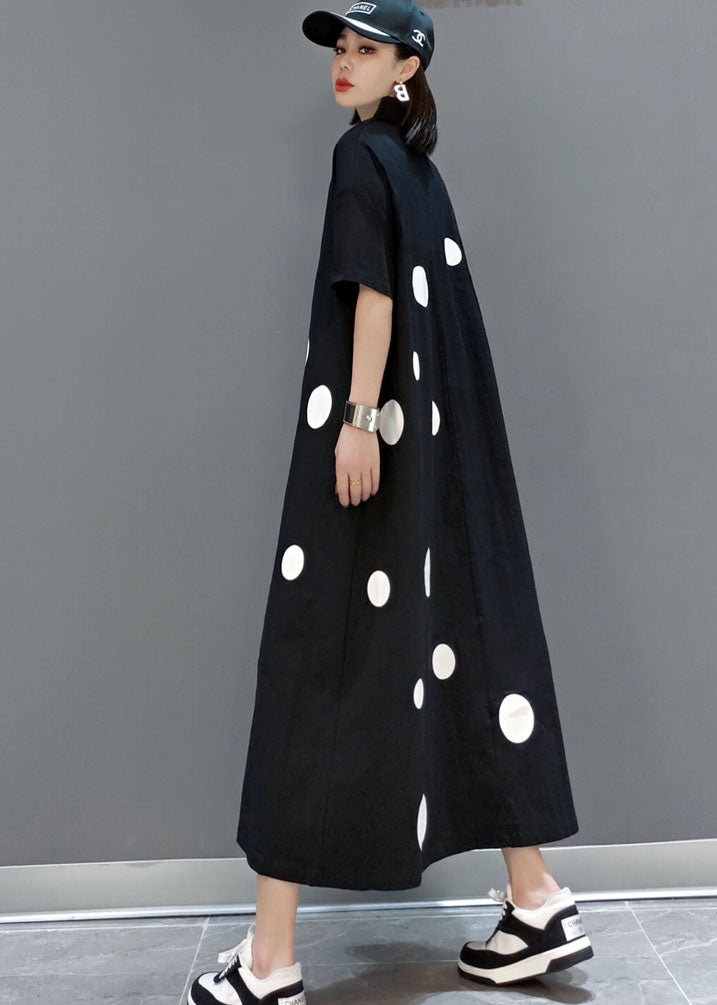 Black V Neck Dot a Line Skirts Half Sleeve