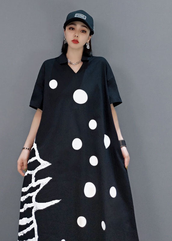 Black V Neck Dot a Line Skirts Half Sleeve