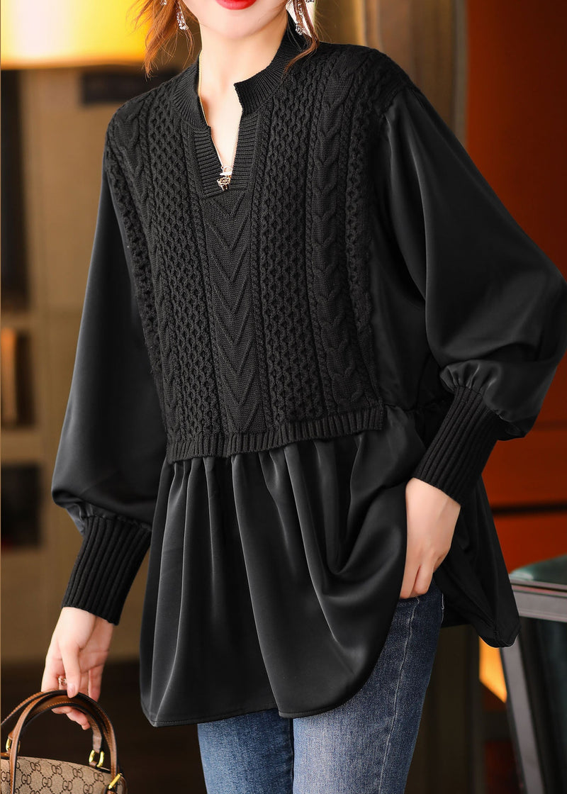 Black V Neck Knit Shirt Winter