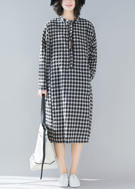 Black White Plaid Stand Collar Pockets Side Open Linen Dresses Long Sleeve