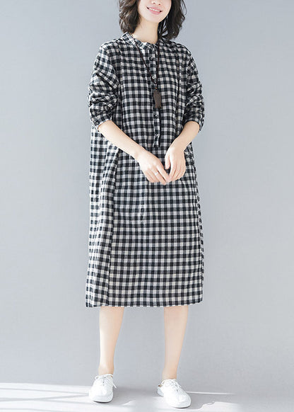 Black White Plaid Stand Collar Pockets Side Open Linen Dresses Long Sleeve