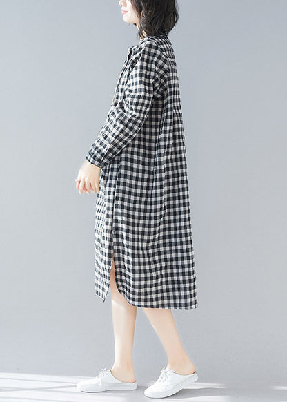 Black White Plaid Stand Collar Pockets Side Open Linen Dresses Long Sleeve
