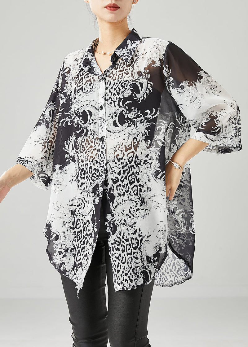 Black White Print Oversized Chiffon Blouses Half Sleeve