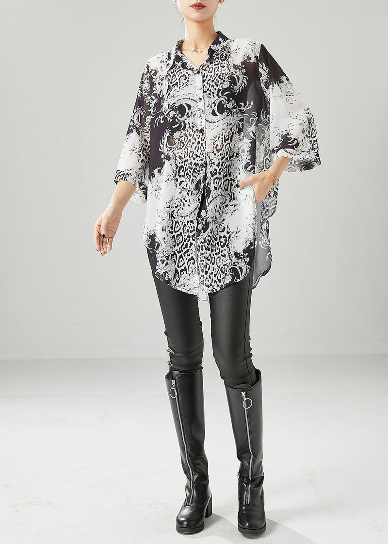 Black White Print Oversized Chiffon Blouses Half Sleeve