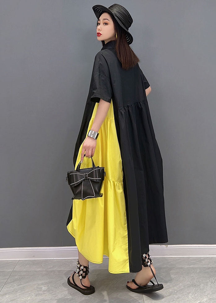 Black Yellow Colorblock Peter Pan Collar Wrinkled Cotton Shirt Dress Short Sleeve