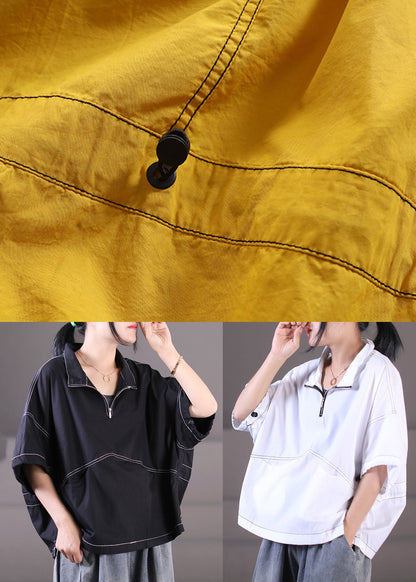 Black Zip Up Drawstring Cotton Sweatshirt Short Sleeve