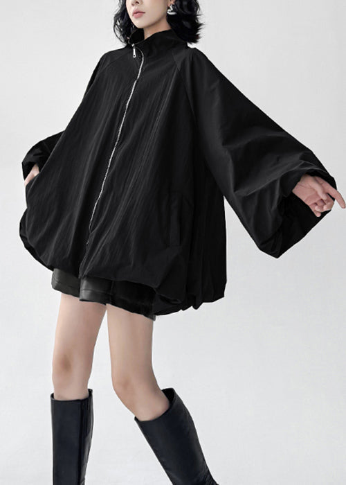 Black Zip Up Pockets Cotton Coats Spring
