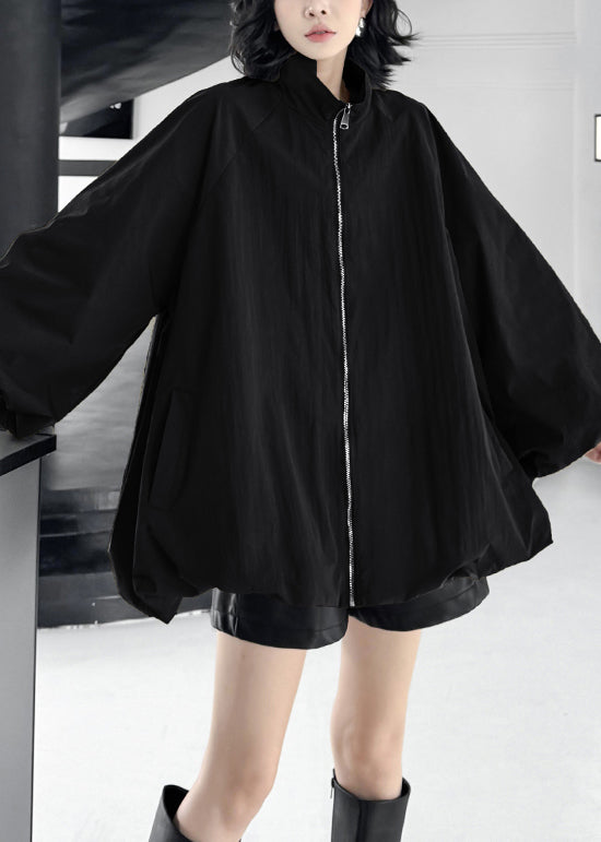 Black Zip Up Pockets Cotton Coats Spring