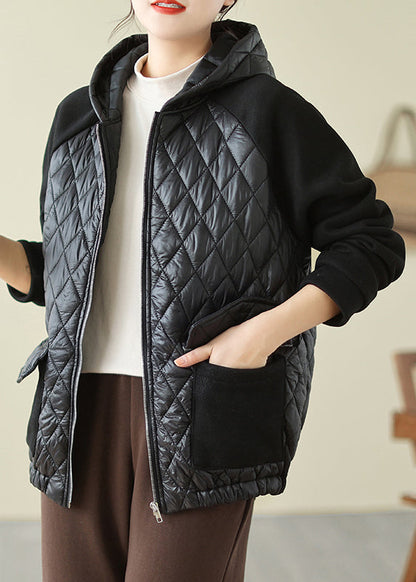 Black Zip Up Pockets Fine Cotton Filled Hooded Coat Winter