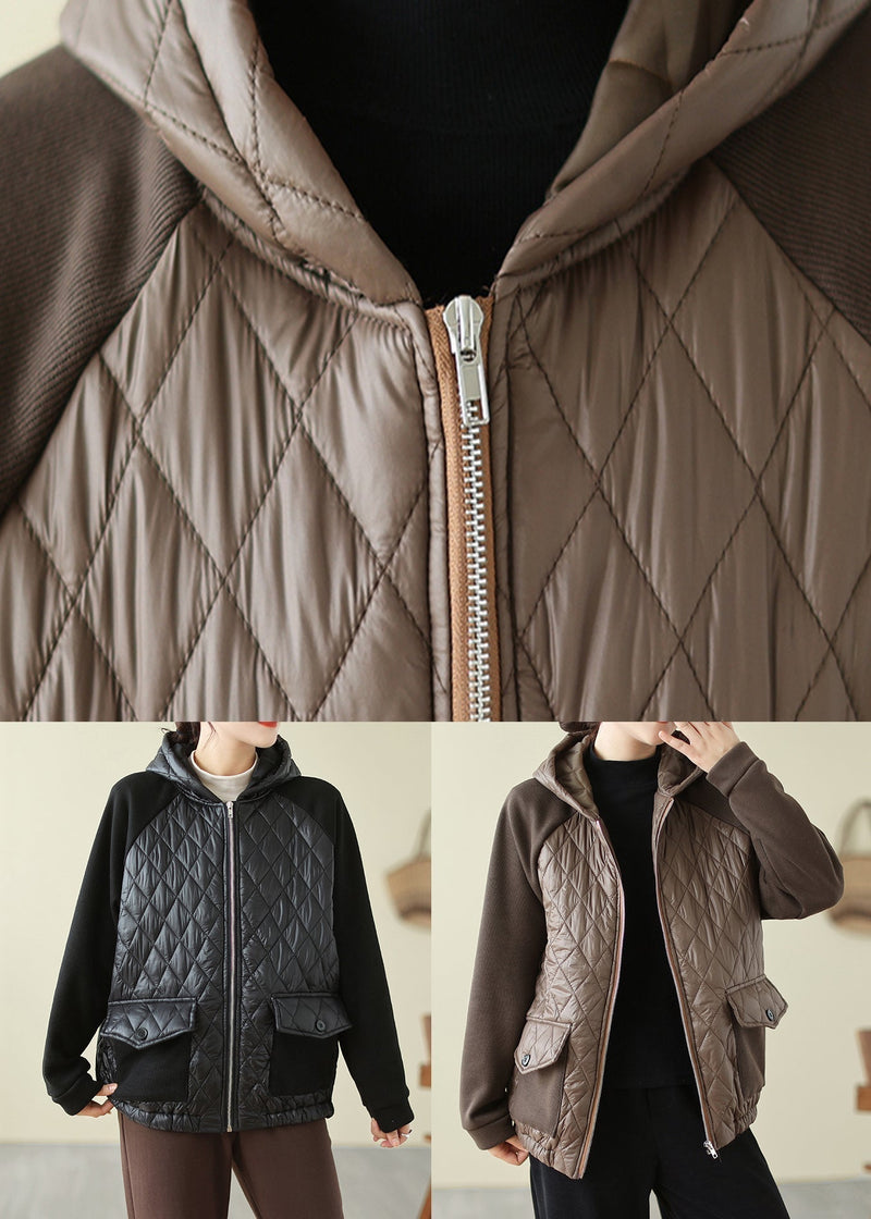 Black Zip Up Pockets Fine Cotton Filled Hooded Coat Winter