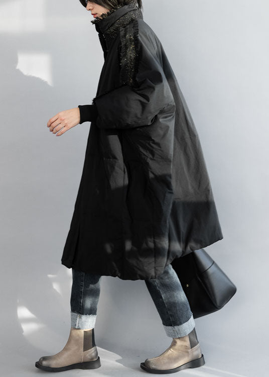 Black Zip Up Tassel Oversized Duck Down Coat Winter