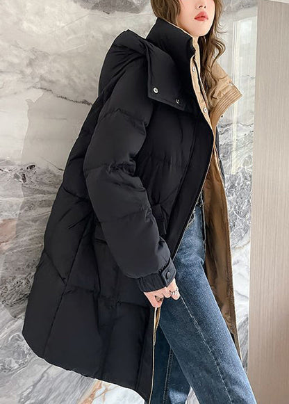 Black Zippered Hooded Pockets Duck Down Coat Winter