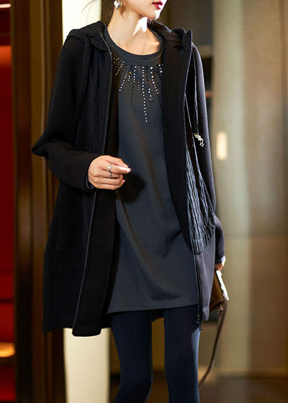 Black Zippered Patchwork Thick Hoodies Coats Fall