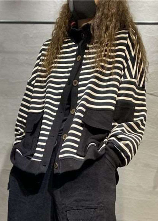 Black Button Stand Collar Pockets Coats Long Sleeve