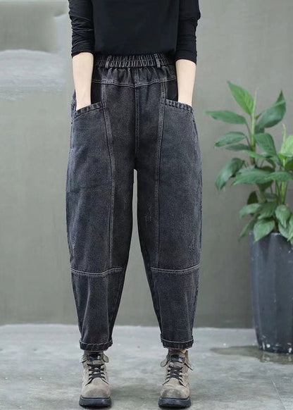 Black High Waist Thick Denim Pants Winter