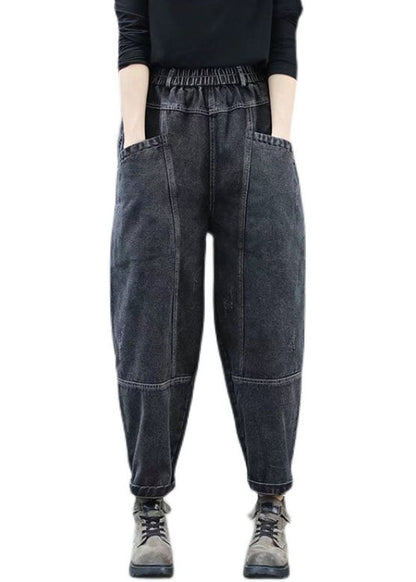 Black High Waist Thick Denim Pants Winter