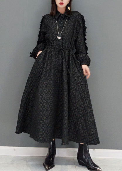 Black Tie Waist Peter Pan Collar Jacquard Long Dress Spring