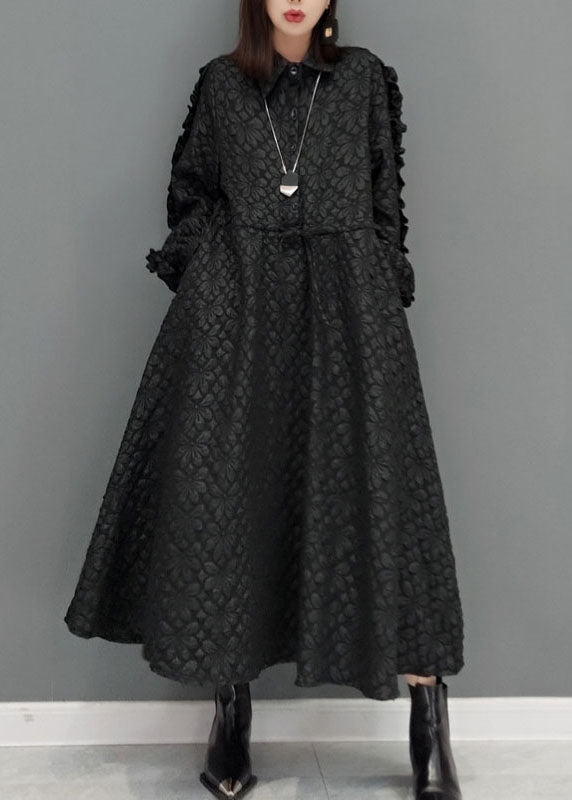 Black Tie Waist Peter Pan Collar Jacquard Long Dress Spring