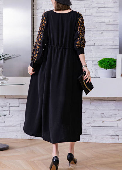Black Tie Waist V Neck Print Patchwork Silk Holiday Dress Spring