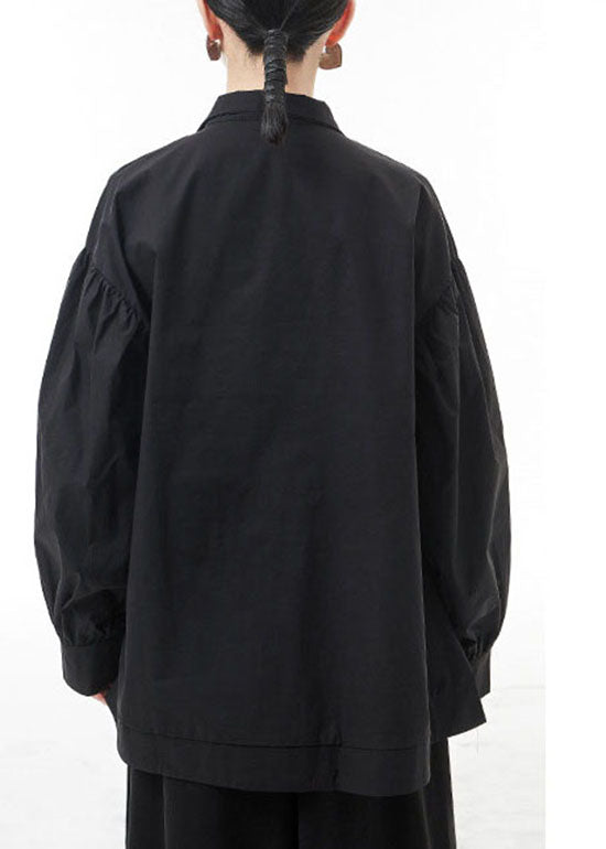 Black Wrinkled Zip Up Shirt Tops Lantern Sleeve