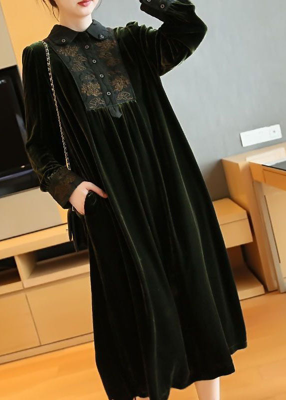 Blackish Green Embroideried Patchwork Silk Velour Party Dress Spring
