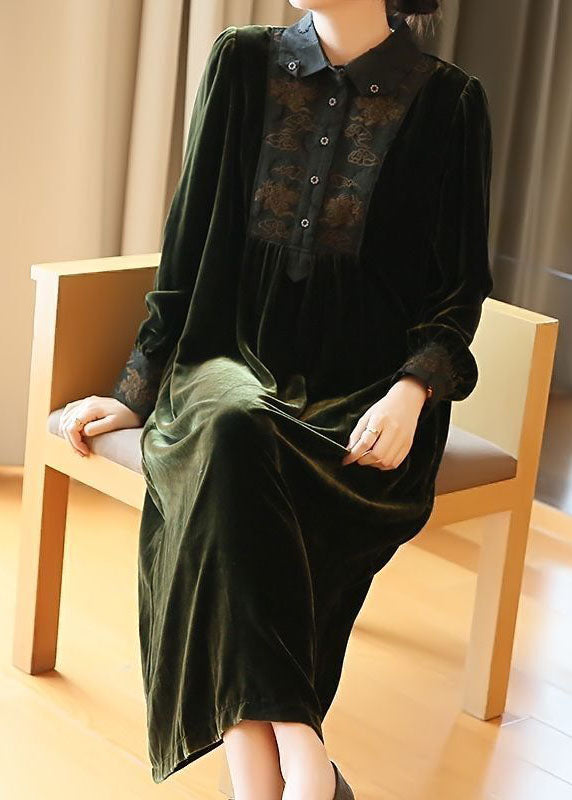Blackish Green Embroideried Patchwork Silk Velour Party Dress Spring