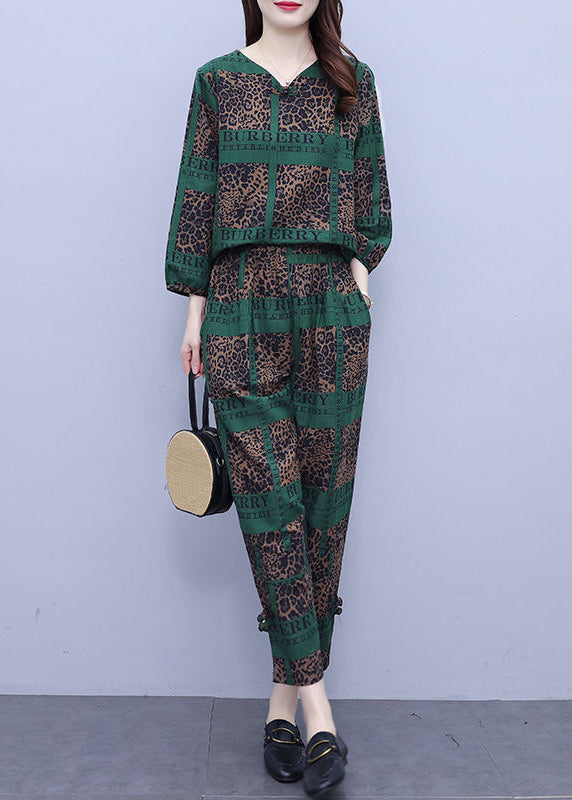 Blackish Green Print Top and Crop Pants Two Pieces Set Long Sleeve