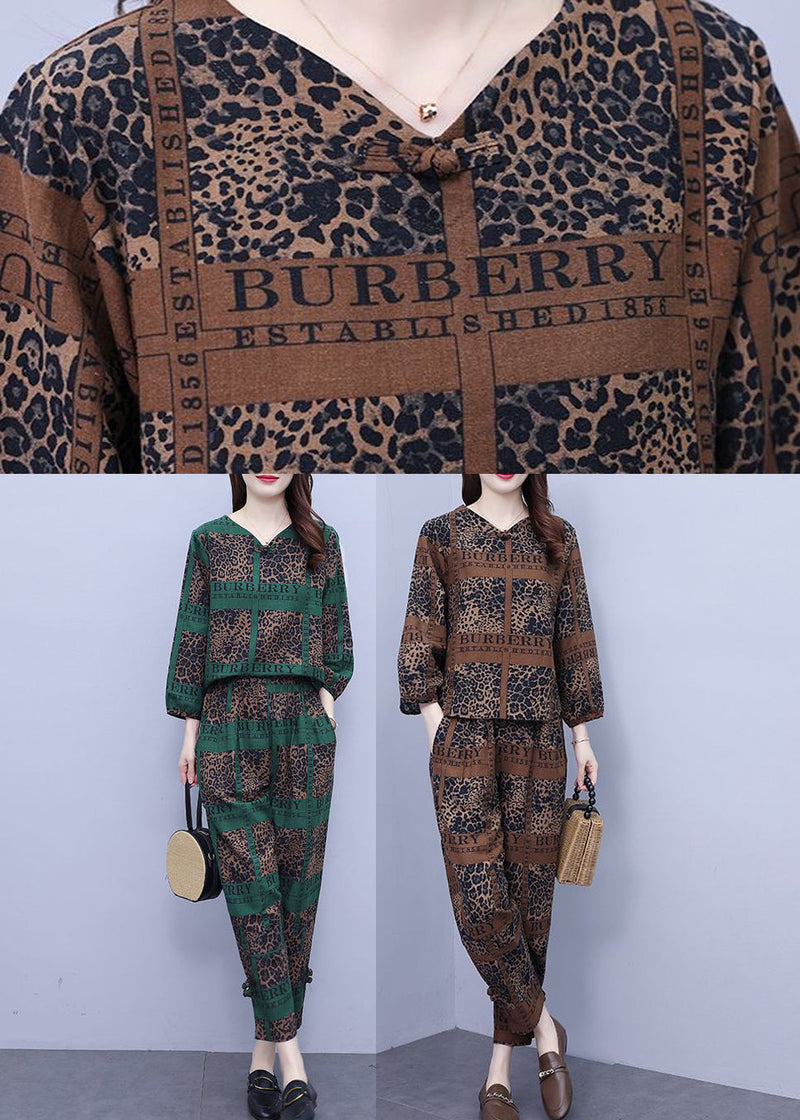 Blackish Green Print Top and Crop Pants Two Pieces Set Long Sleeve