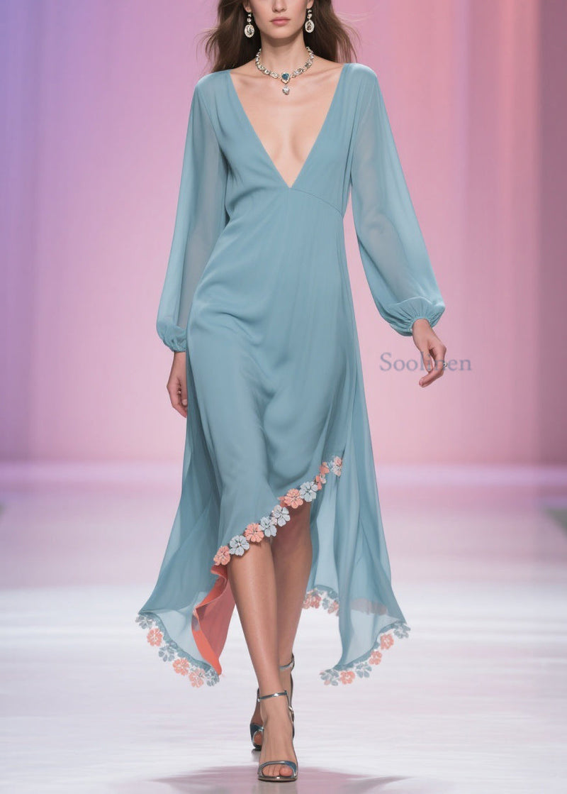 Blue Asymmetrical Chiffon Long Dress Spring