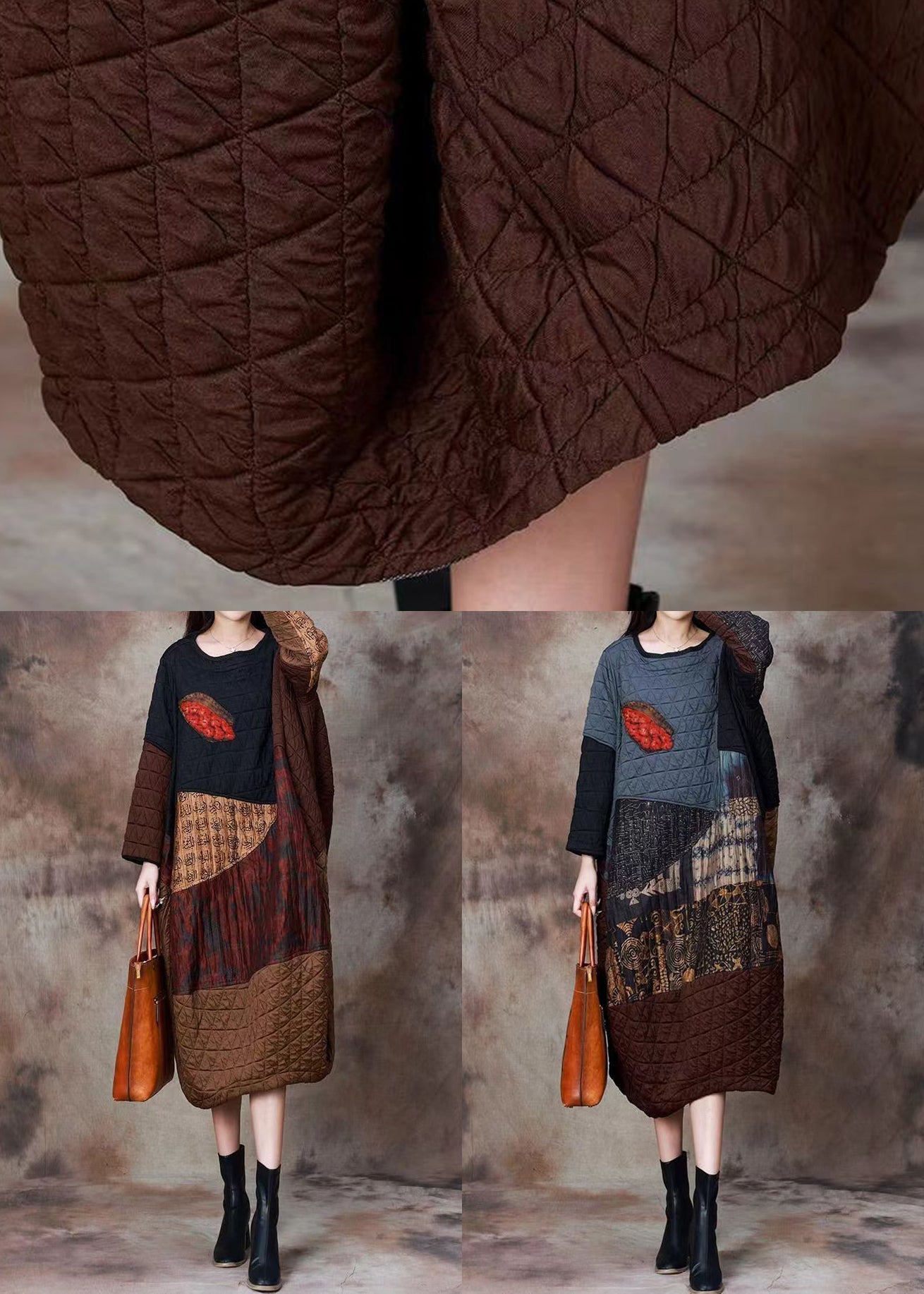 Blue Asymmetrical Patchwork Cotton Filled Long Dress Spring