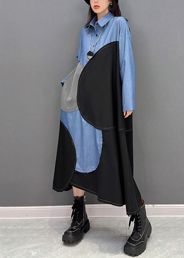Blue Black Patchwork Asymmetrical Design Cotton Loose Dress Fall