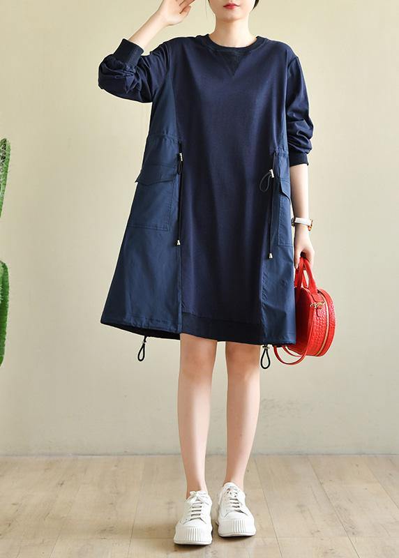 Blue Cinched Cotton Patchwork Spring Dress