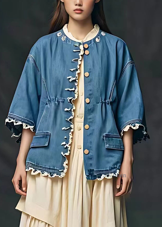Blue Cinched Pockets Patchwork Coats Fall