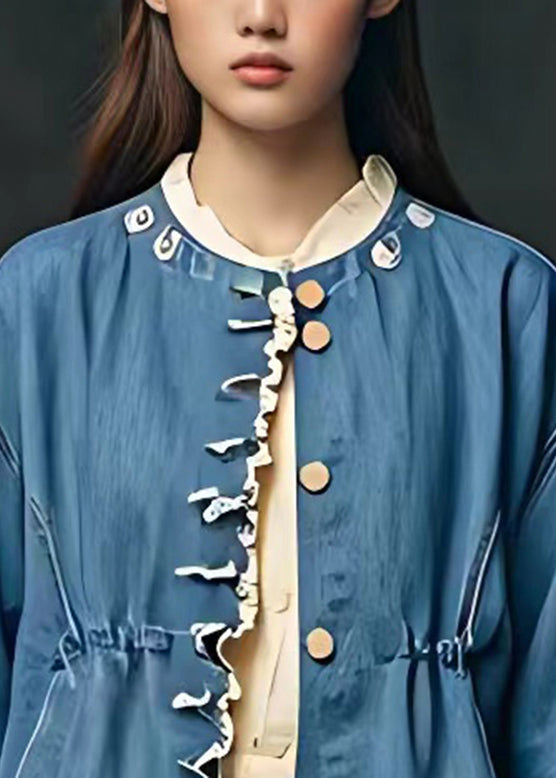 Blue Cinched Pockets Patchwork Coats Fall