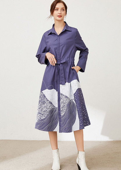 Blue Cinched Print Cotton Shirts Dresses Spring