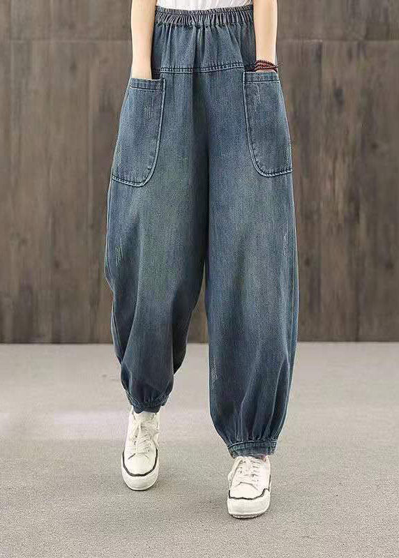 Blue Elastic Waist Big Pockets Patchwork Cotton Denim Harem Pants Summer