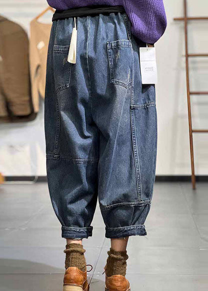 Blue Elastic Waist Patchwork Drawstring Cotton Denim Pants Fall