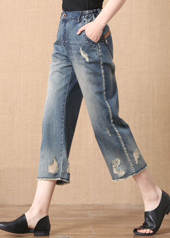 Blue Elastic Waist Pockets Cotton Crop Pants Jeans Summer