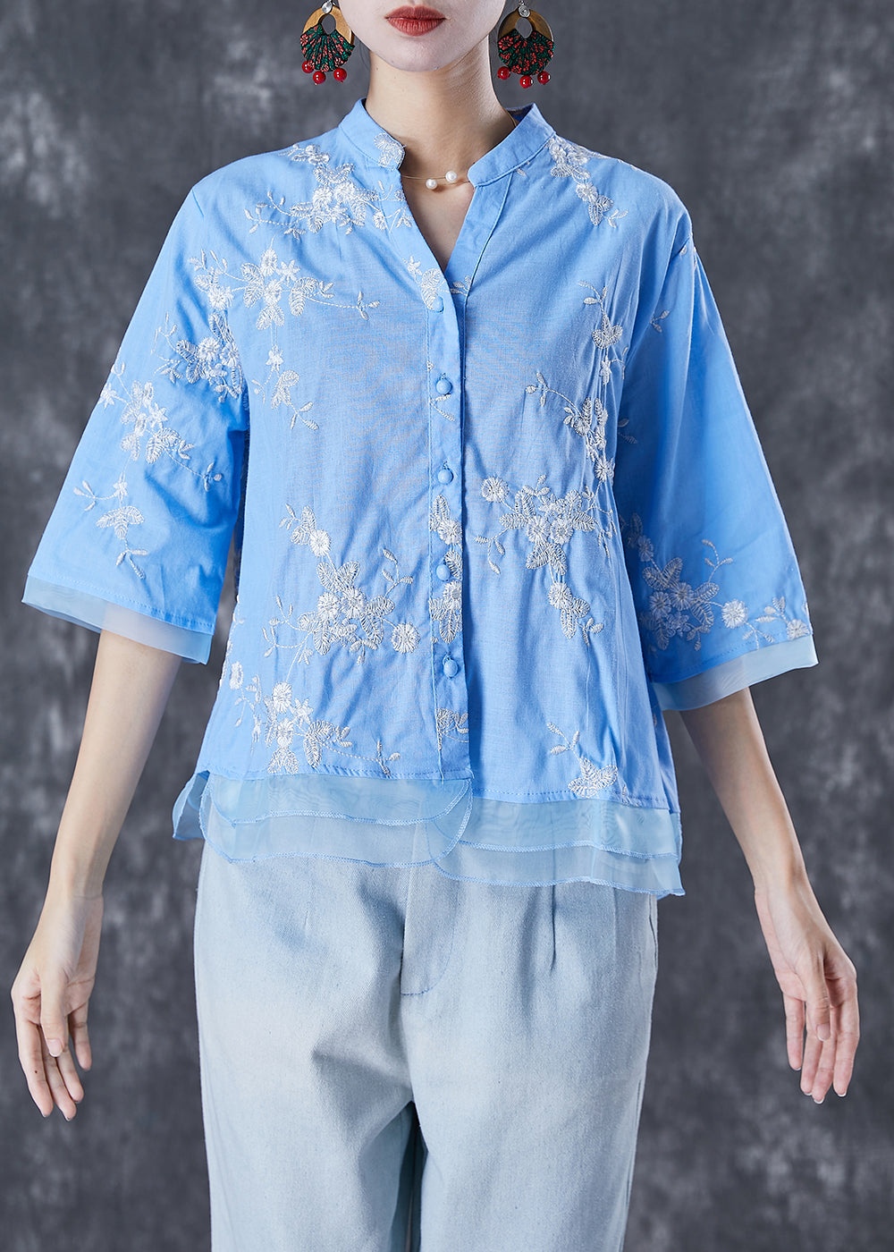 Blue Embroideried Patchwork Linen Blouse Tops Summer