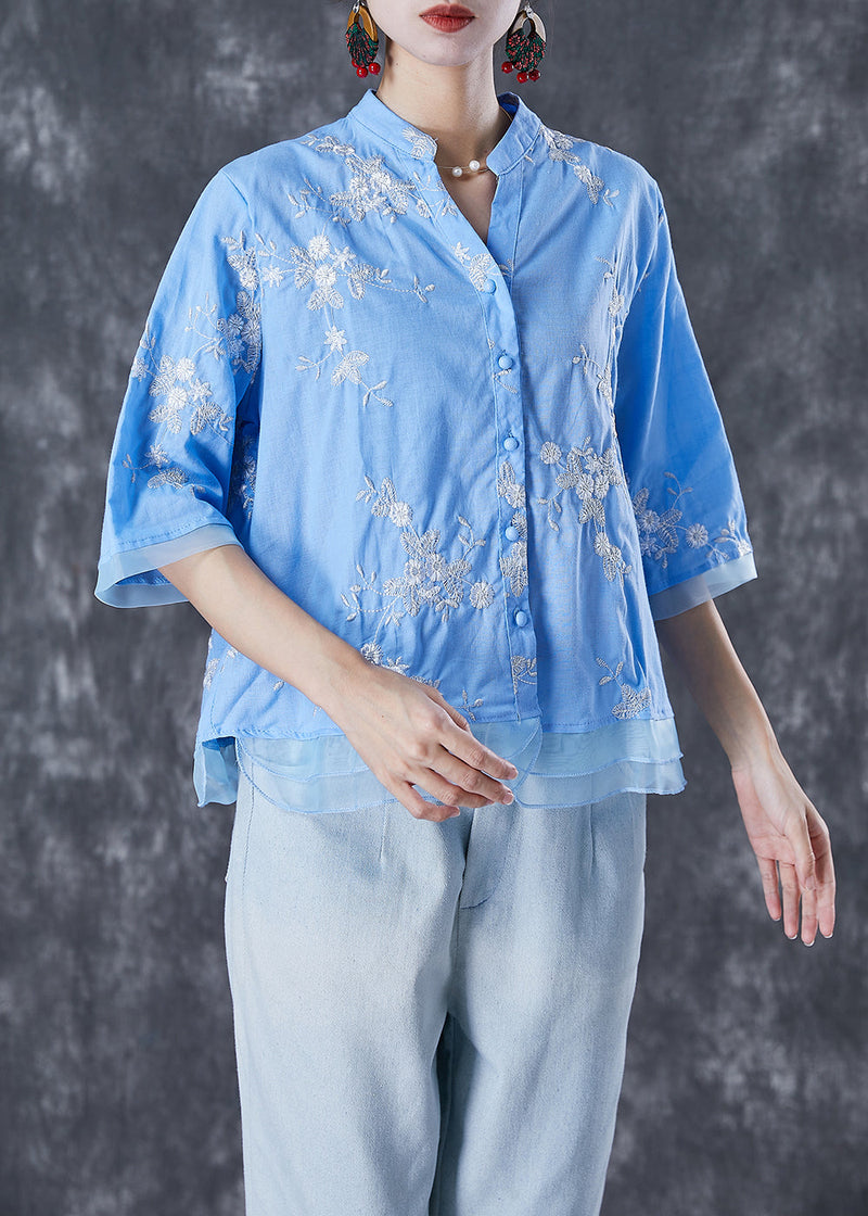 Blue Embroideried Patchwork Linen Blouse Tops Summer