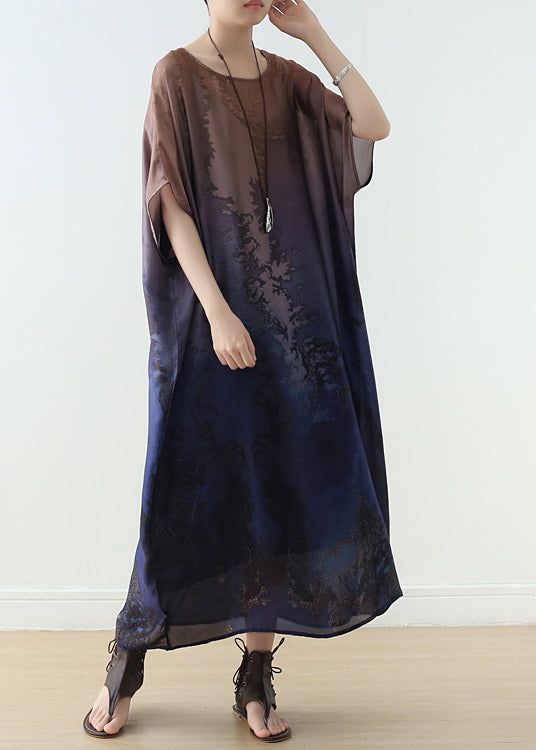 Blue Gradient Color O-neck Draping Print Silk Long Dresses Short Sleeve