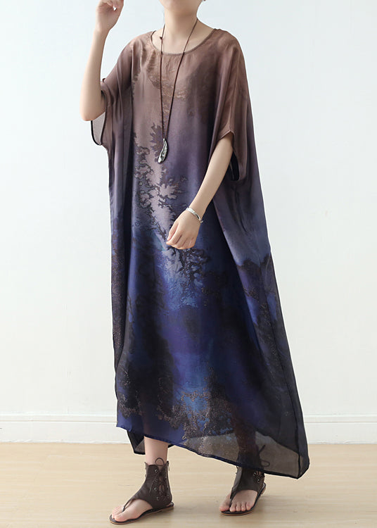 Blue Gradient Color O-neck Draping Print Silk Long Dresses Short Sleeve