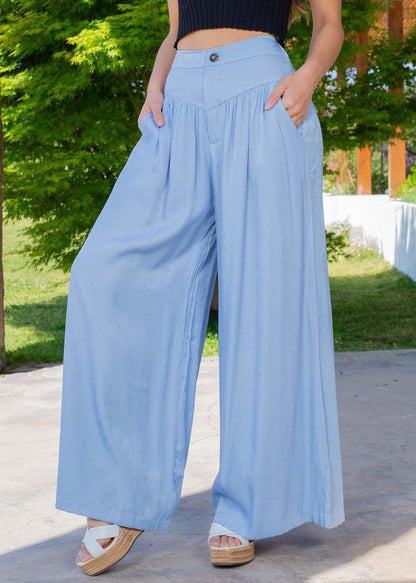 Blue High Waist Patchwork Wrinkled Denim Wide Leg Pants Summer